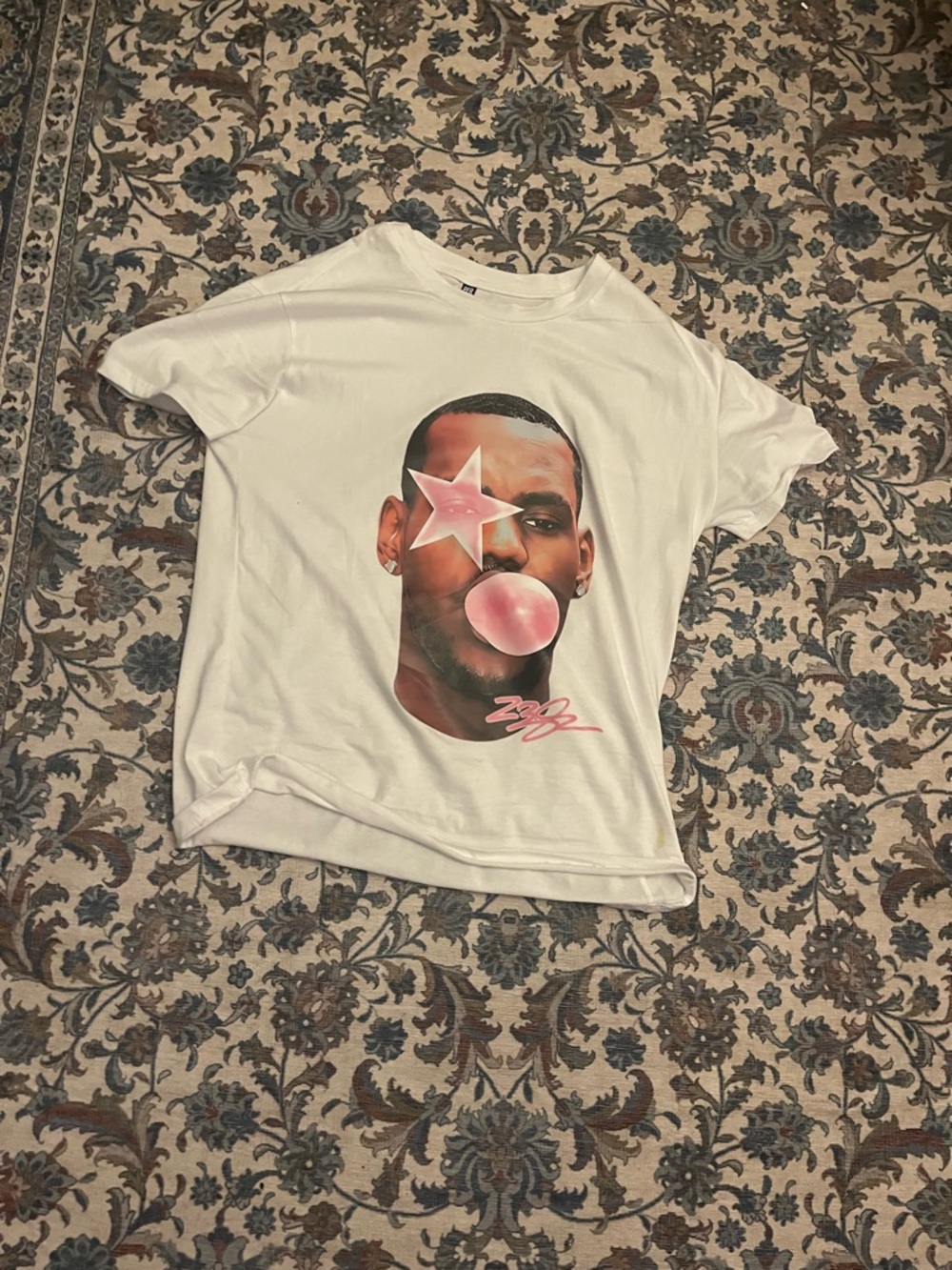 White Graphic Short Sleeve Tee with Pink Bubble Design